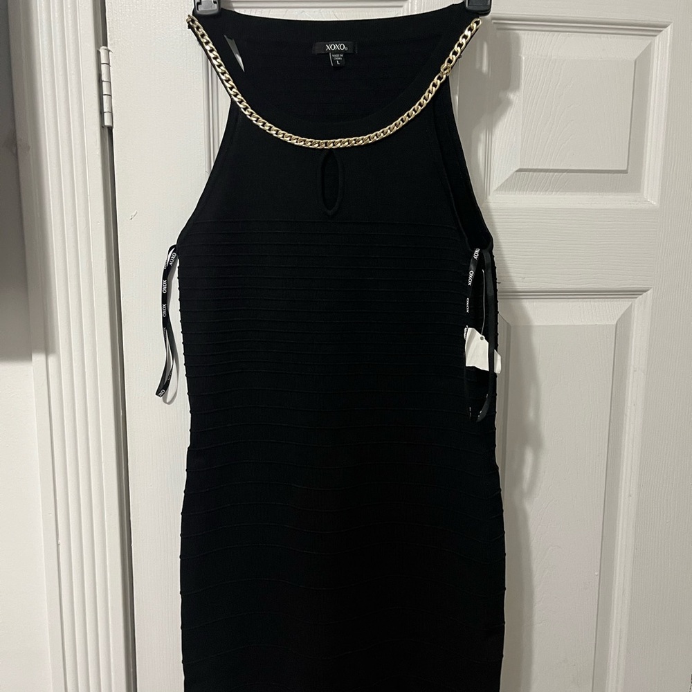 XOXO Black Dress with Gold Chain Accent